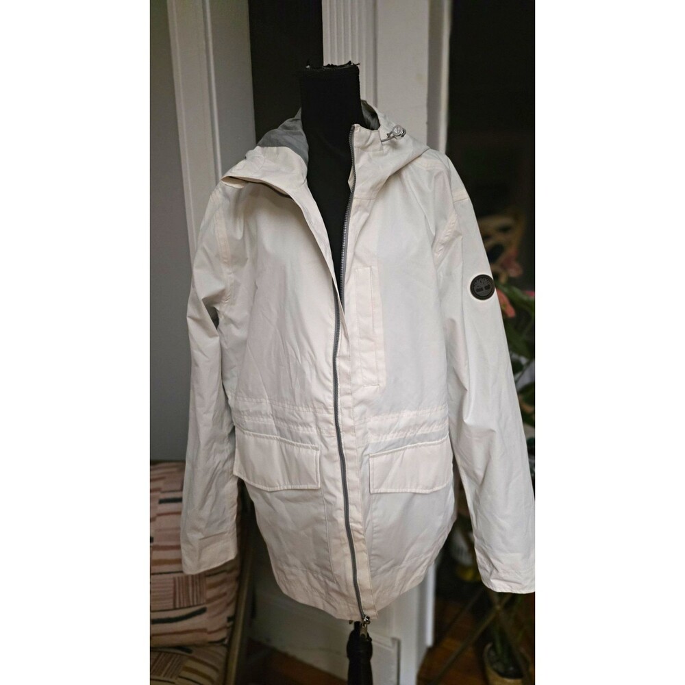 Timberland Men's White Waterproof Hooded Zip Jacket, Stand-Up Collar, Size XL